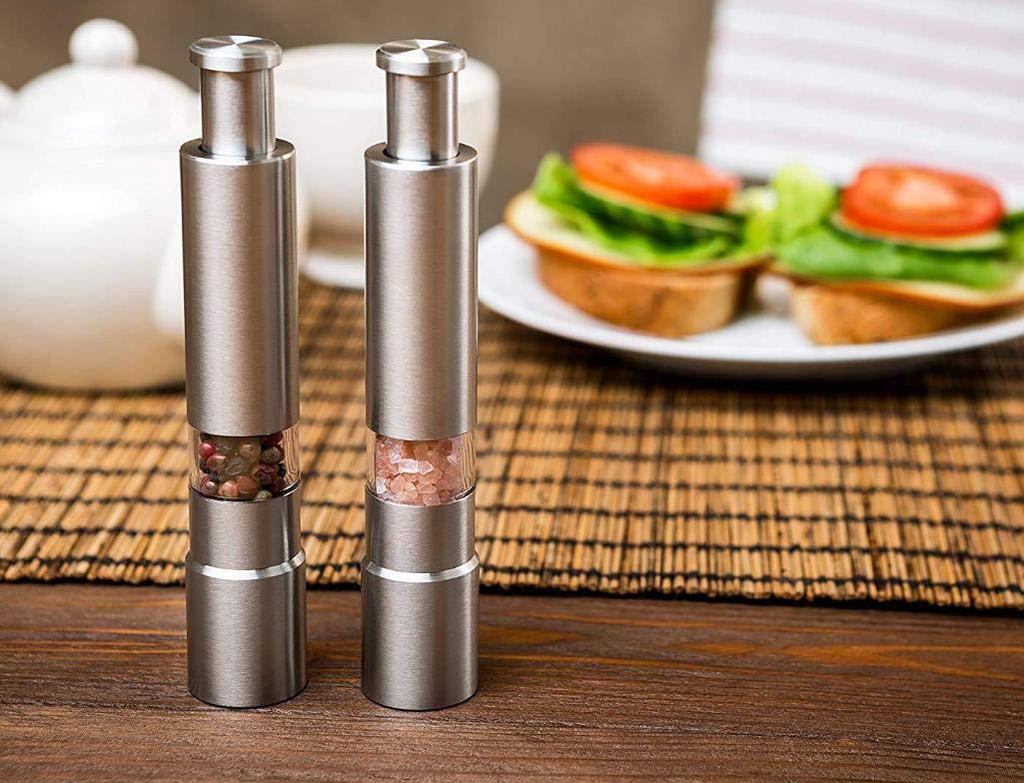 Morningplace Stainless Steel Pepper Mill, One-Push Operation, Salt and Pepper Spice Mill (Set of 2)