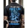 European Sizes Men's Skull & Flames Graphic T-Shirt with Edgy Slogan Print - Black & Blue Casual Short Sleeve Tee, Slightly Elastic Knit Fabric