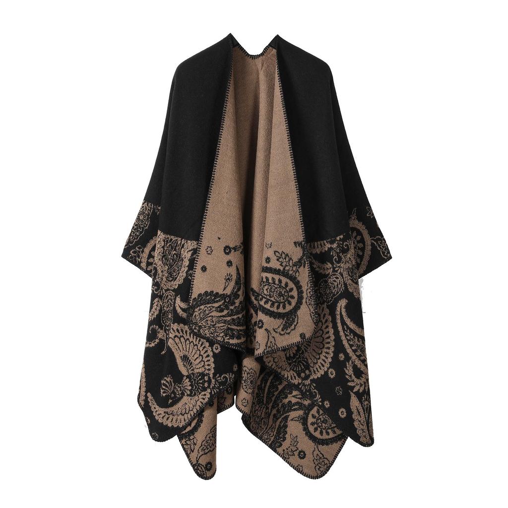 Women's Double-Sided Tassel Shawl Cloak - Classic Slit Design, Warm Travel Cape