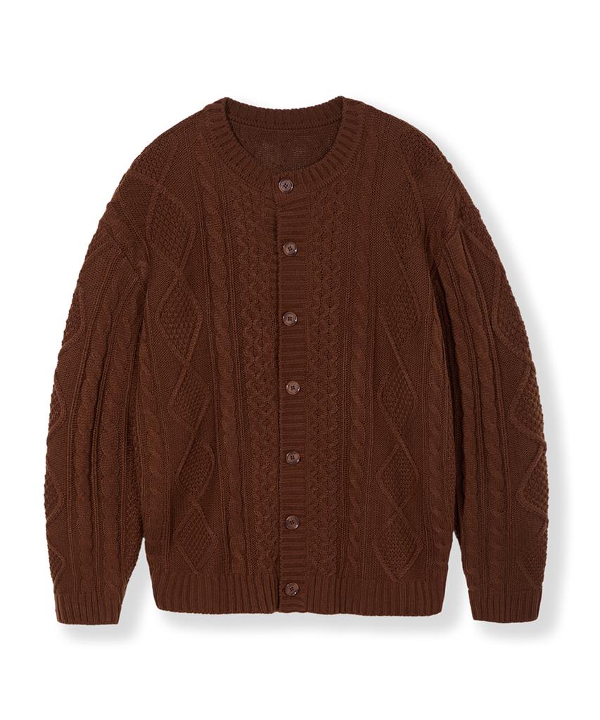 Nodu Fisherman Cable Round Neck Semi-Oversized Long Sleeve Knit Cable Knit Cardigan [Brown]