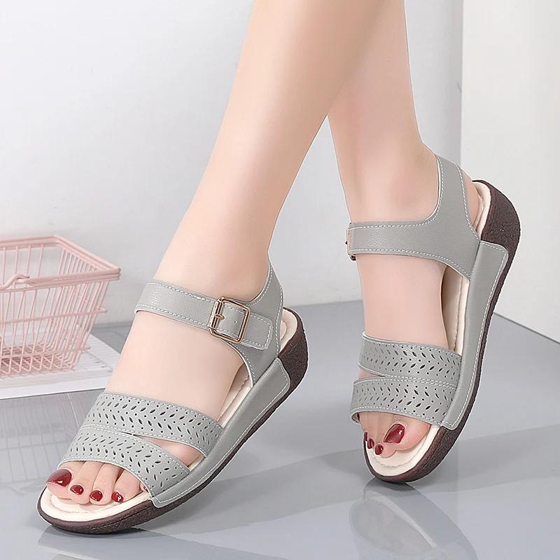 Ladies Non Slip Lightweight Platform Sandalias Mujer Casual Summer Shoe Women Wedge Sandals Fashion Hollow Cowhide Beach Sandals
