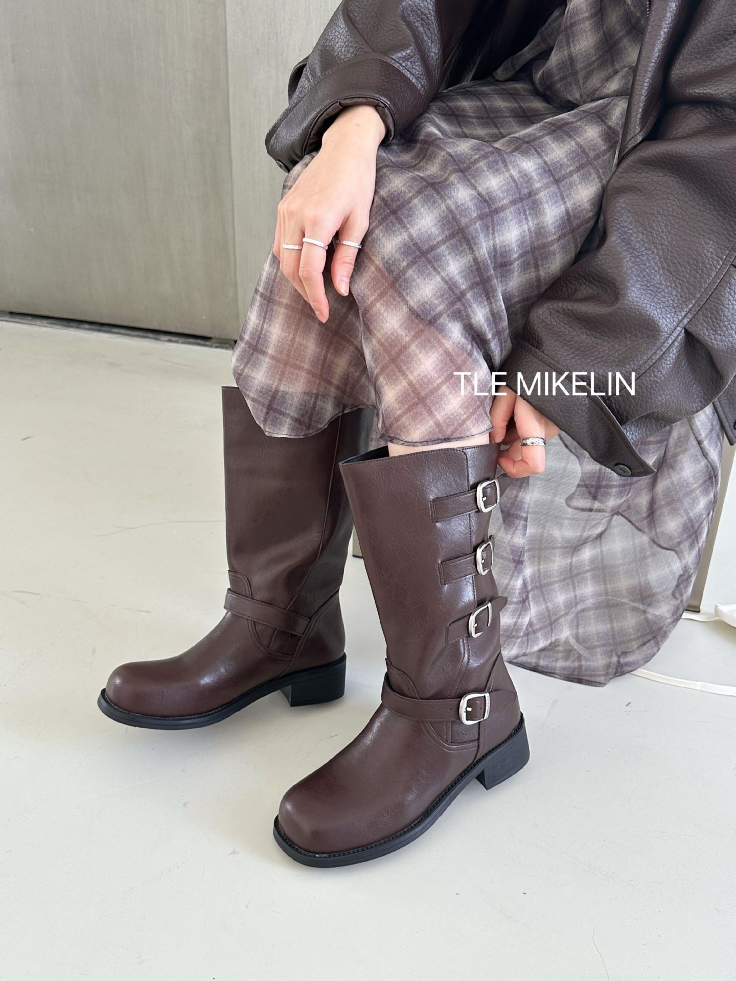 

British retro belt buckle high knight boots women s boots 2025 autumn and winter new thick-soled knee boots 39 коричневый