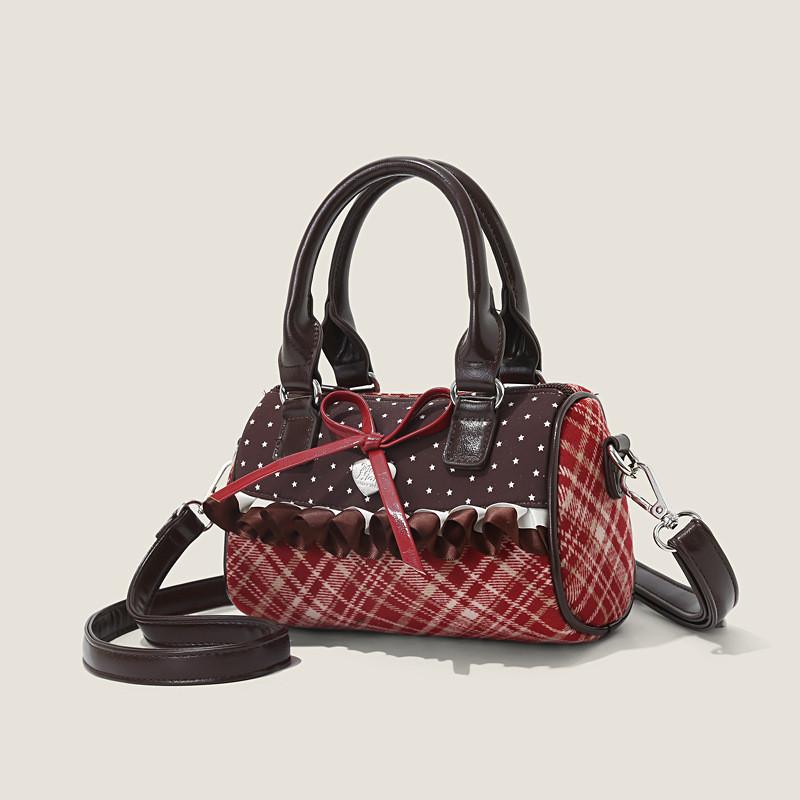 Canvas Small Square Bag With Red Plaid Patchwork For Daily Casual Wear