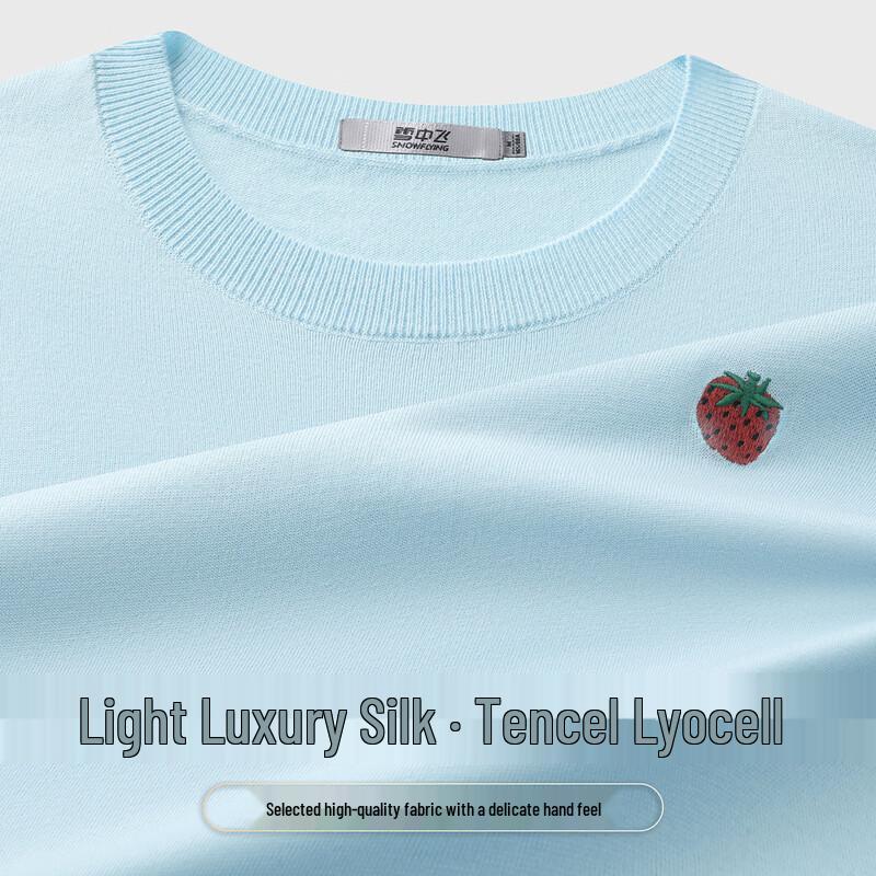 SNOWFLYING Women s Lyocell Silk Blend Strawberry Embroidered Round Neck Knit Tee L