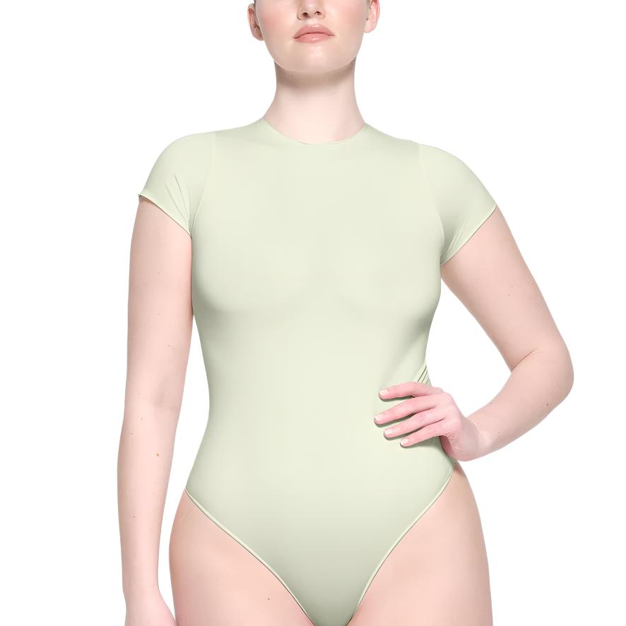 SKIMS Essential T-Shirt Bodysuit Solid Color Frayed Round Neck Short Sleeve Bodysuit Women Bodysuits Pistachio BS-TSH-0316-PST