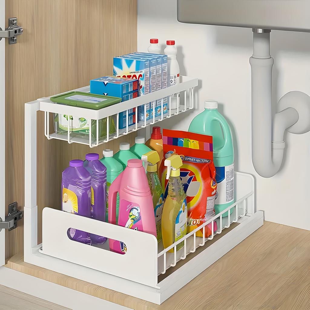 1/2 pieces double-layer kitchen sink storage rack, sliding pull-out cabinet finishing rack, metal drawer