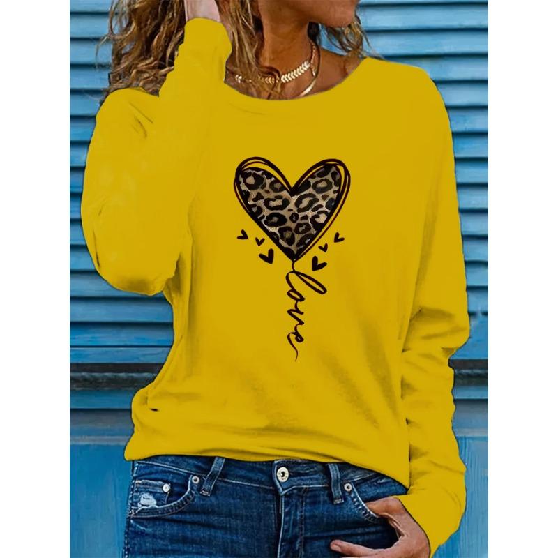 Spring and Autumn Round Neck 3D Leopard Heart Pattern Printed Top Fashionable Casual Long Sleeved Women's T-shirts