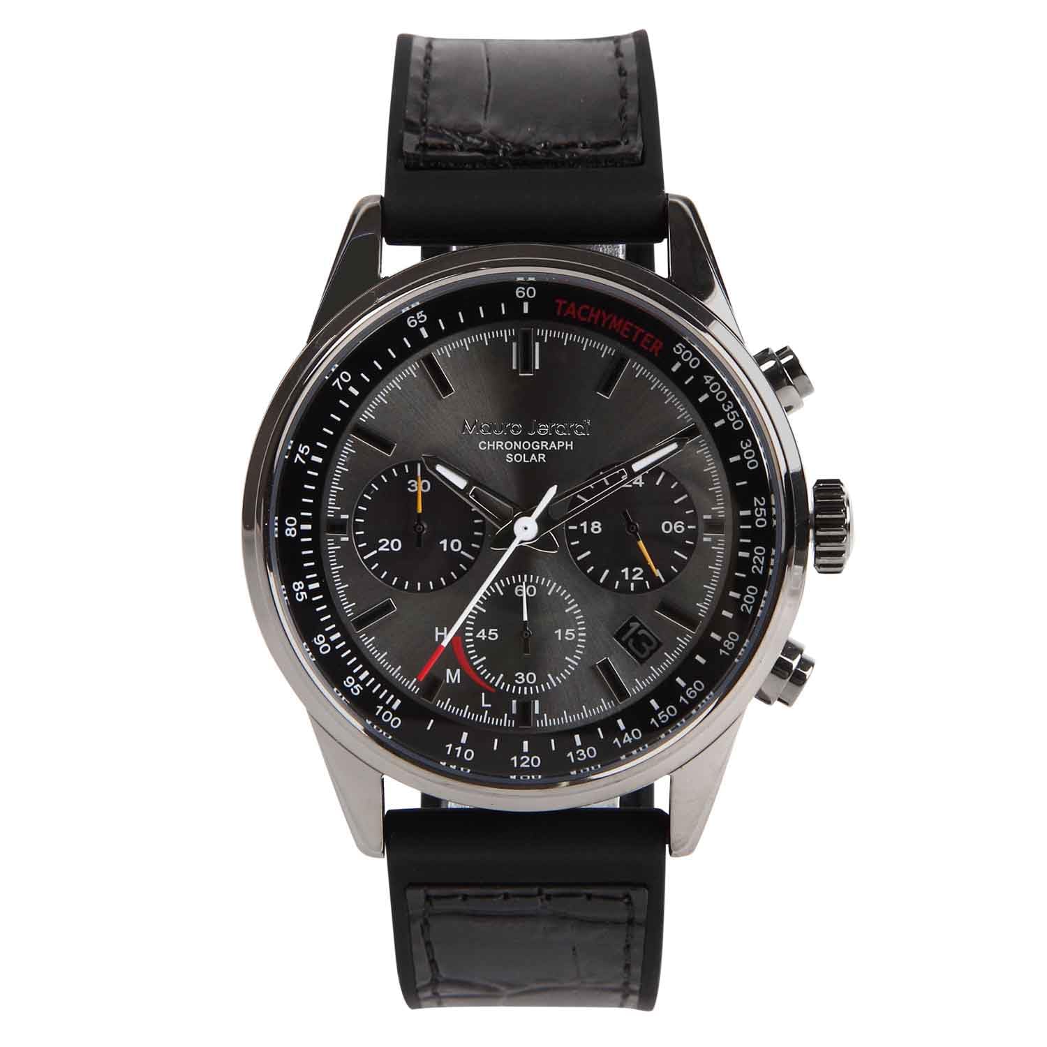 

Solar Chronograph 10 ATM Water Silicone Leather Black Strap [Mauro Gerardi] Men s Watch, Resistant, & (MJ063-1/Gunmetal)