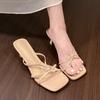 Fashion Female Shoes Slippers Soft Thin Heels Cross-Tied Luxury Slides Square Toe Heeled Mules Rubber Flip Flops 2025 Comfort Designer H