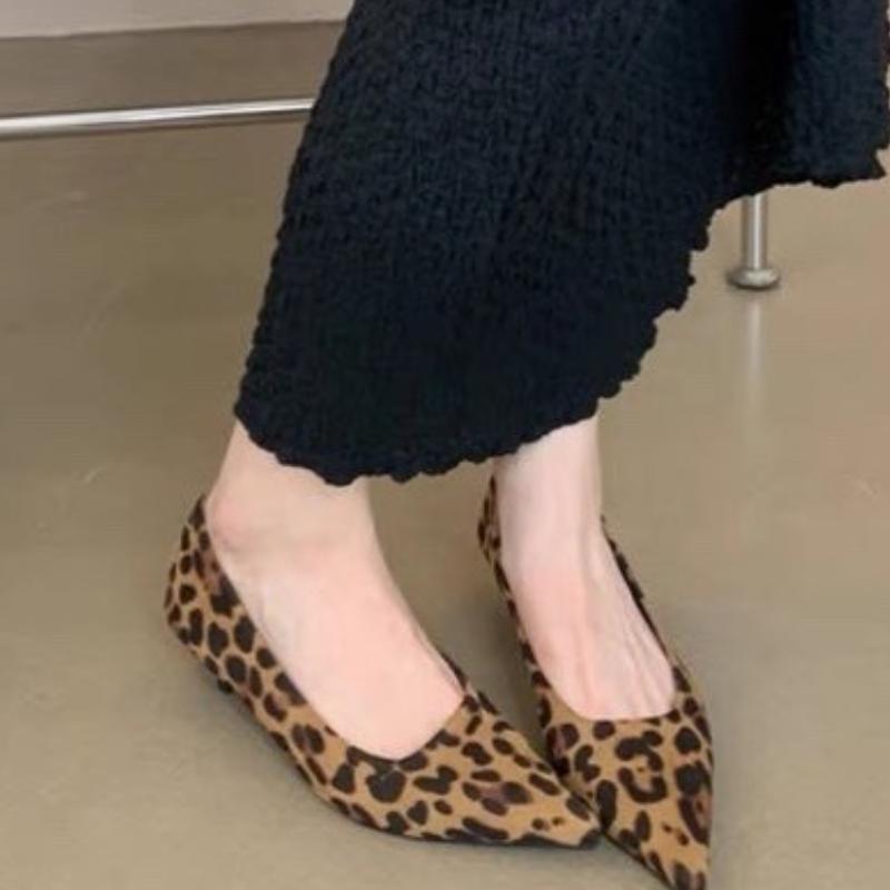 Women's Pumps Leopard Boat Shoes Pointed Toe Slip On Dress Shoes Black Faux Suede Mid Heels Stilettos Female Spring Autumn