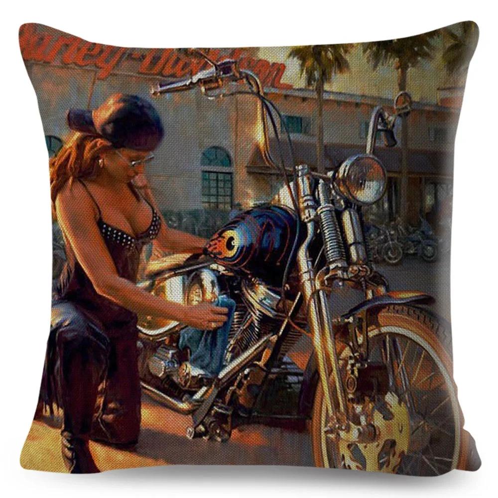 

Vintage Sey Motorcycle Lady Pillow Case Decor Oil painting Cartoon Women Cushion Cover for Sofa Car Polyester Pillowcase ,(1) 66x66cm