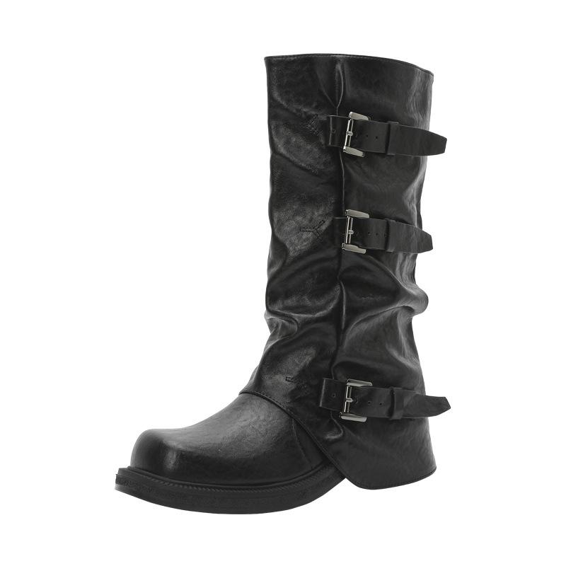 Western cowboy knight boots women's 2025 new retro thick heel inner height increase pleated stacking boots long trouser tube boots