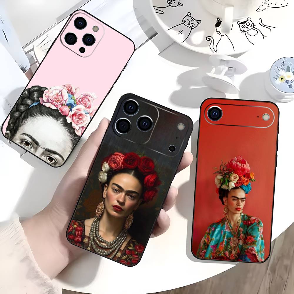 Θήκη Τηλεφώνου Art Frida Kahlo Για iPhone 17,16,15,14,13,12,11 Plus,Pro Max,XS,Μαύρο Κάλυμμα από Μαλακή Σιλικόνη