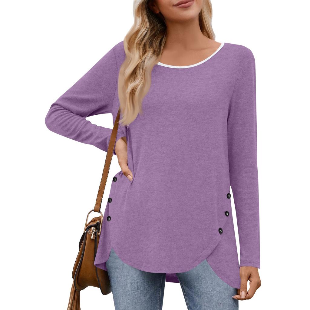 Women's Fashion Casual Solid Color Round Neck Long Sleeve Button Tops On Both Sides