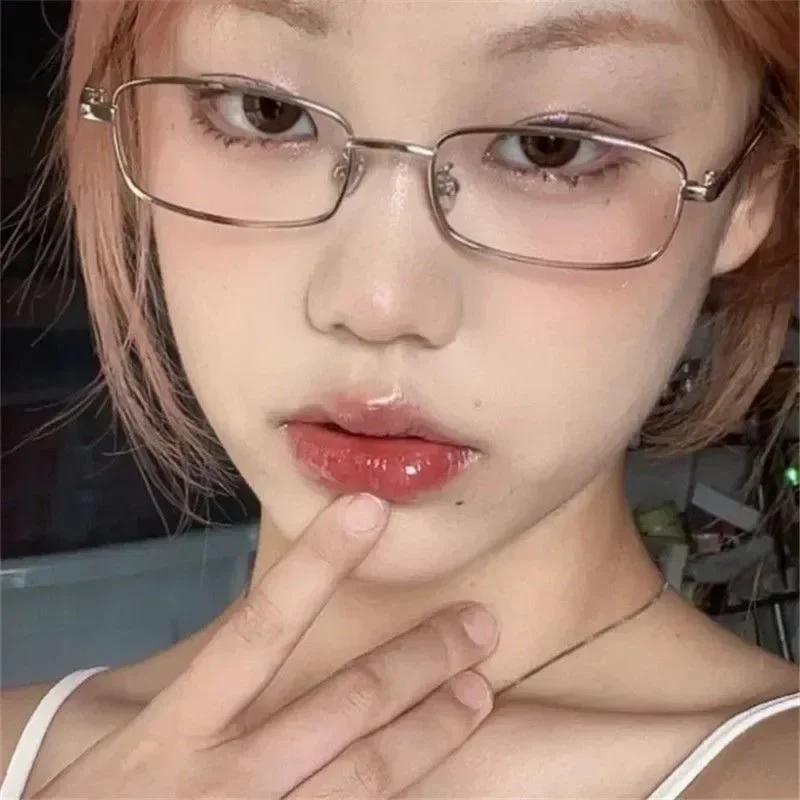 Square Glasses Frame for Women Small Metal Frame Flat Anti-blue Glasses Japanese Men Vintage Trendy Silver Y2K Reading Glasses