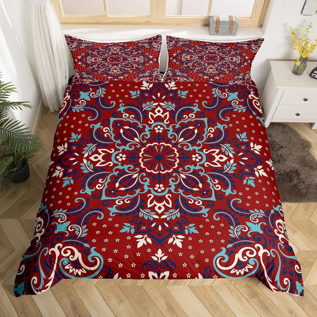 Funda nórdica con estampado floral bohemio, funda de edredón con estampado de mandala y cachemira, juego de cama de microfibra con diseño geométrico azteca y mexicano, tamaño individual y queen.