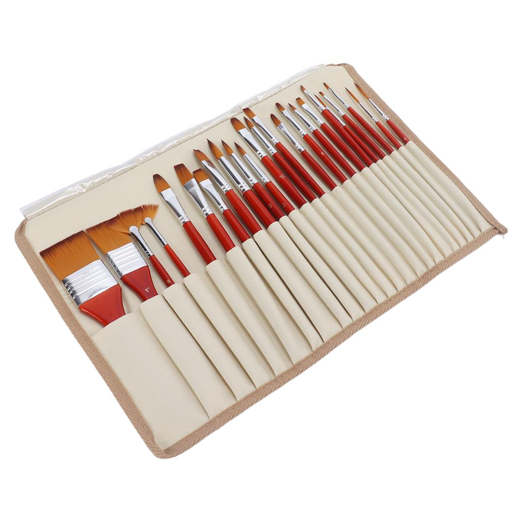 24Pcs Painting Brushes Artist Set Nylon Hair Wood Handle Watercolor Acrylic Oil Art Supplies