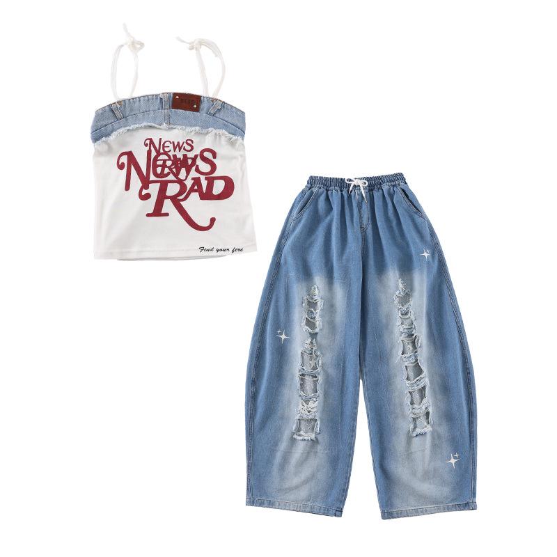 Kostium do tańca jazzowego w stylu koreańskim dla dziewcząt - Dziecięce podarte dżinsy na letni występ.