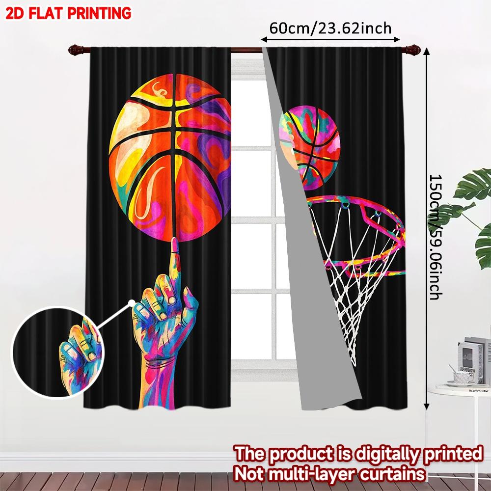 Set Of 2 Flat Printing Drapes Colorful Basketball Digital Printed Polyester Birthday Party Indoor Celebrations Curtain