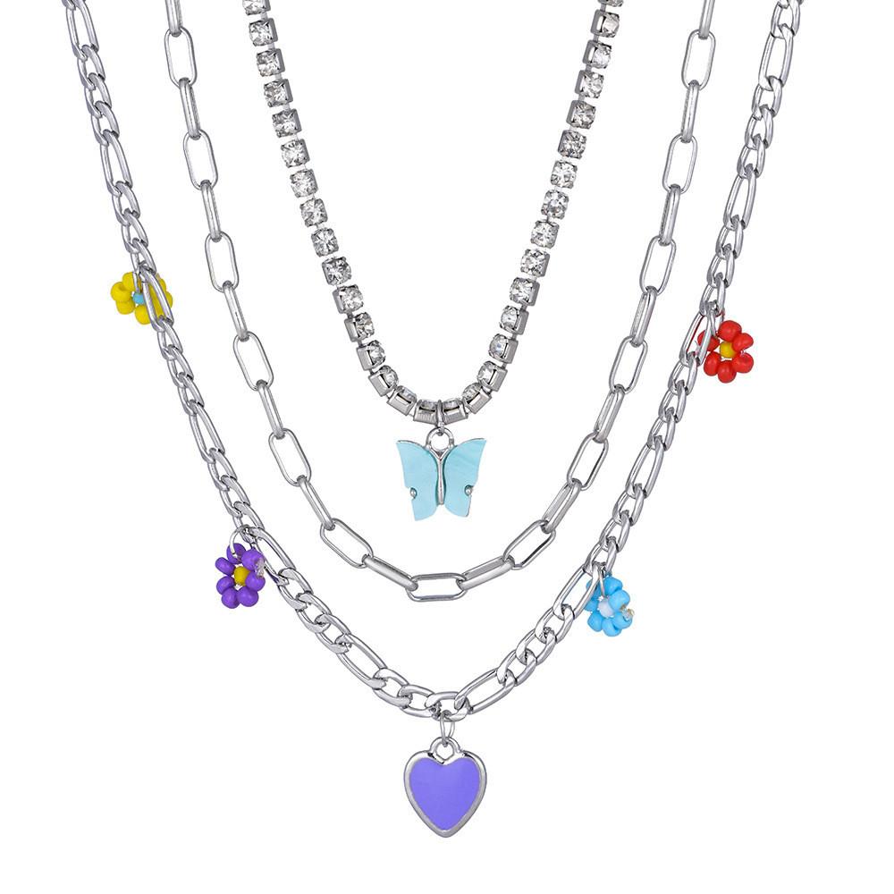 Stylish Heart Shaped Alloy Necklace With Creative Butterfly Design For Women In Blue Pink And White синий