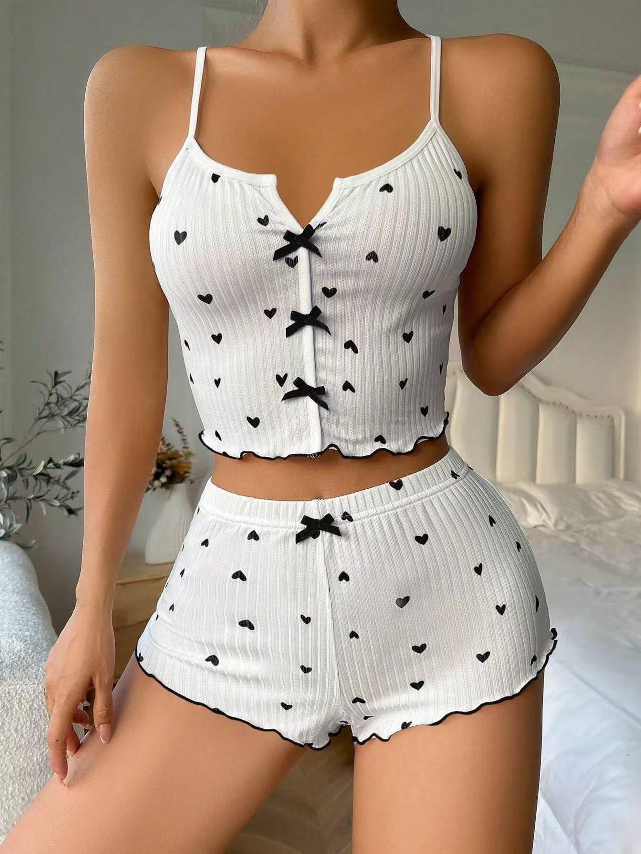 

European and American suspender shorts, sexy bow, multi-color printed milk silk set, comfortable loungewear XXL