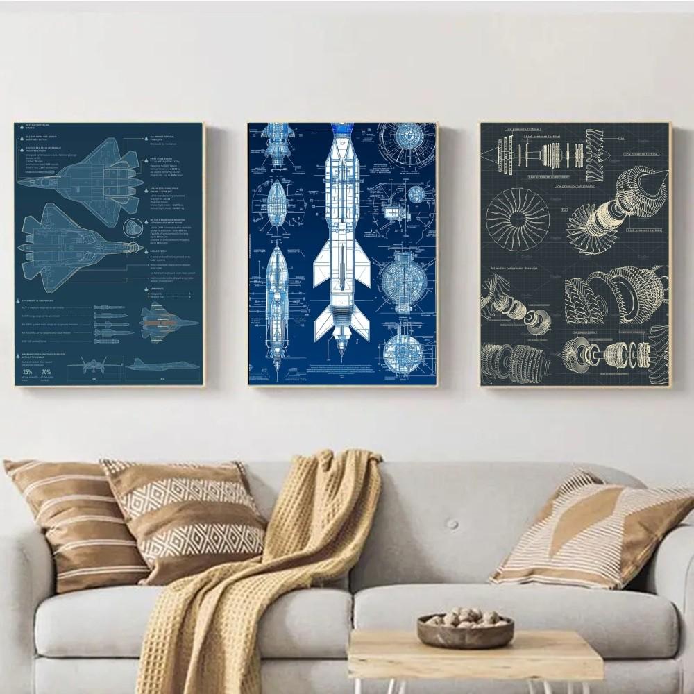 Aircraft Mechanical Blueprint Poster Wall Art Print Poster Decorative Mural Modern Home Decor Birthday Gift Unframed Canvas Gara