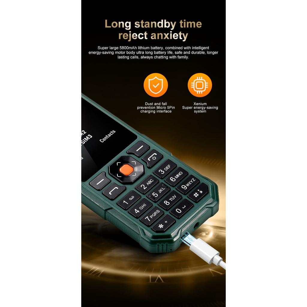 Rugged Feature Phone,2.4 Inch Screen,Triple SIM 3 Standby,Large Capacity Battery,Loud Speaker Physical Keypad Mobile Phone for Outdoor & Daily Use