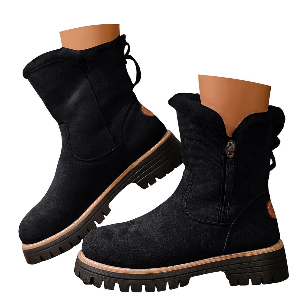 Women's Retro Simple Fleece Lined Warm Platform Suede Cotton Mid Calf Boots With Side Zipper Wide Calf Boots for Women Knee High