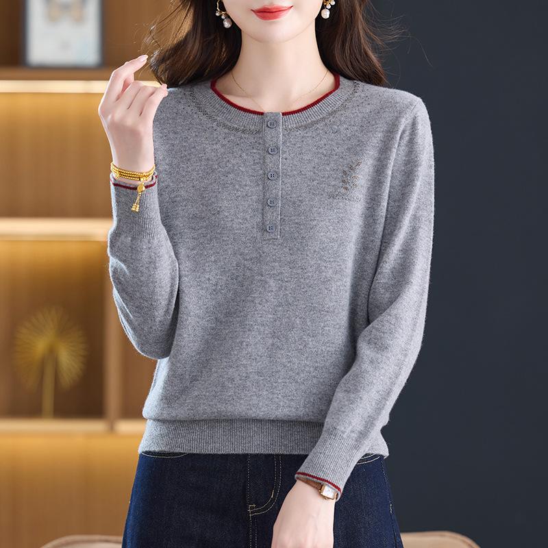 Stylish Women's Rhinestone Wool Round Neck Knit Sweater - Long Sleeve, Warm, Loose Fit for Autumn/Winter