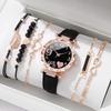 6-Piece Women's Quartz Watch Set: Diamond-Set Dial, Leather Strap, Beaded Bracelets