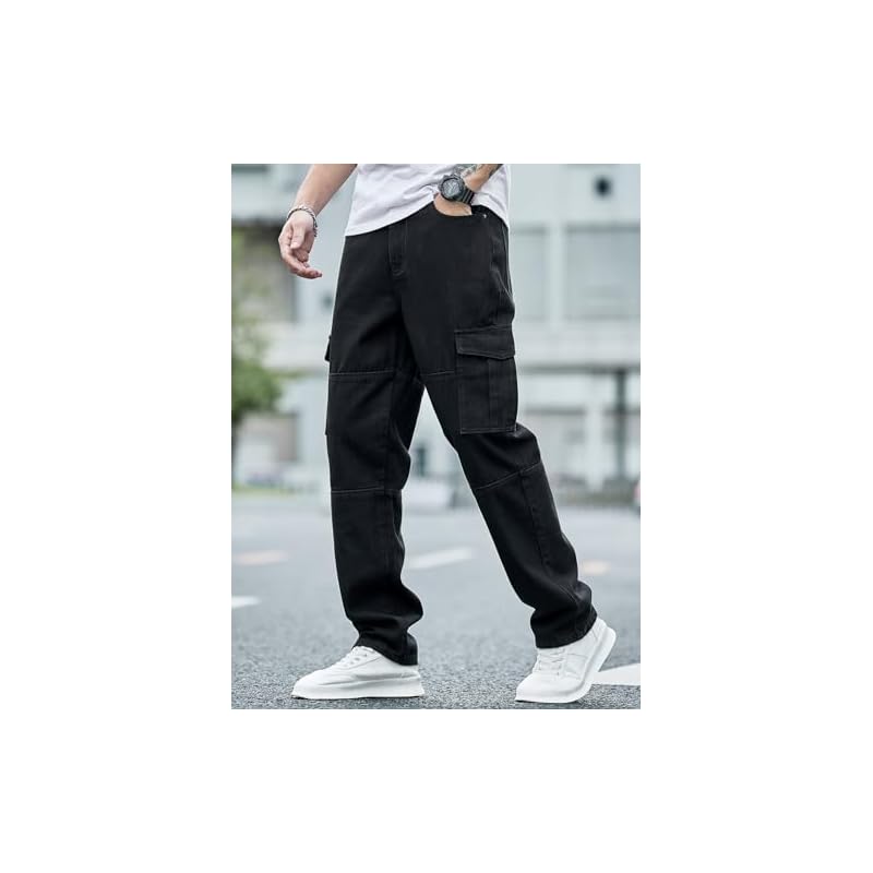 GRECIILOOKS Mens Classic Cotton Regular Fit Jeans (Black, 32)