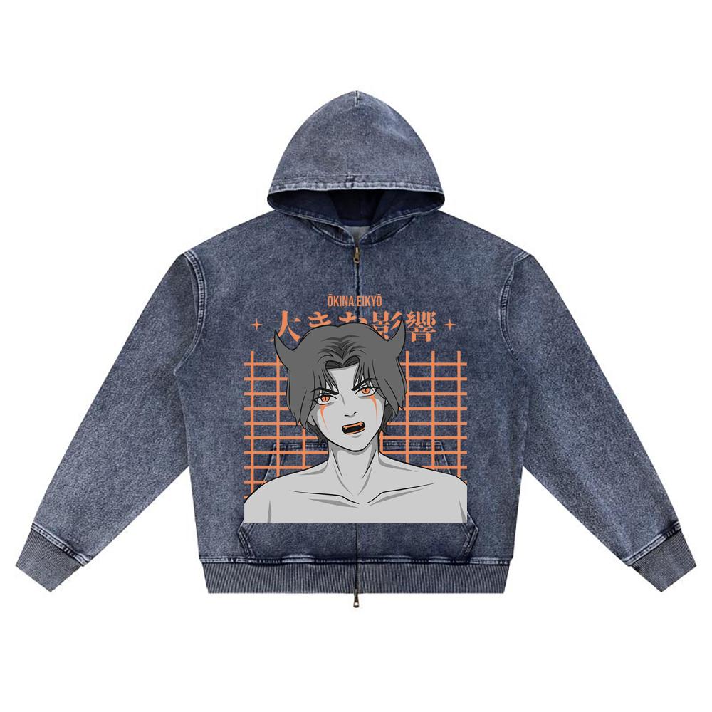 

DTG print Knitted Denim Zip-Up Hoodie anime streetwear 20 Brother Print Zipper Hoodies XL темно-синий