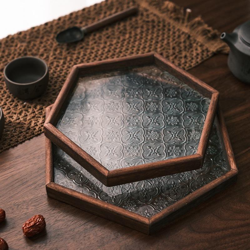 Vintage dřevěná jabloňová skleněná ořechová krabička na svačinu obdélníkový čajový tácek sušené ovoce tácek na dim sum domácí tácek