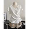 Cotton Large Size Bat Sleeves Tied At the Waist Design V-neck Short-sleeved T-shirt for Women Summer Korean Tops