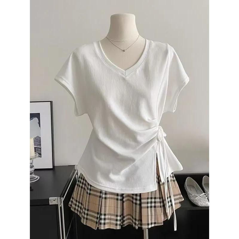 Cotton Large Size Bat Sleeves Tied At the Waist Design V-neck Short-sleeved T-shirt for Women Summer Korean Tops