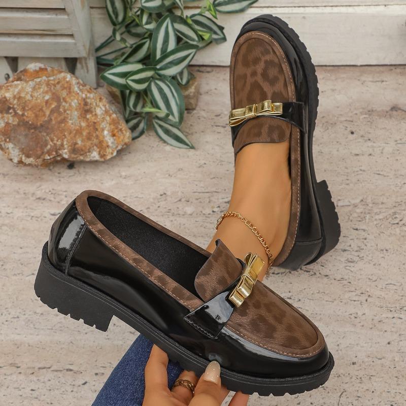 Leopard Low Top Single Fashion Round Toe Deep Mouth Bow Platform Non-Slip Loafer