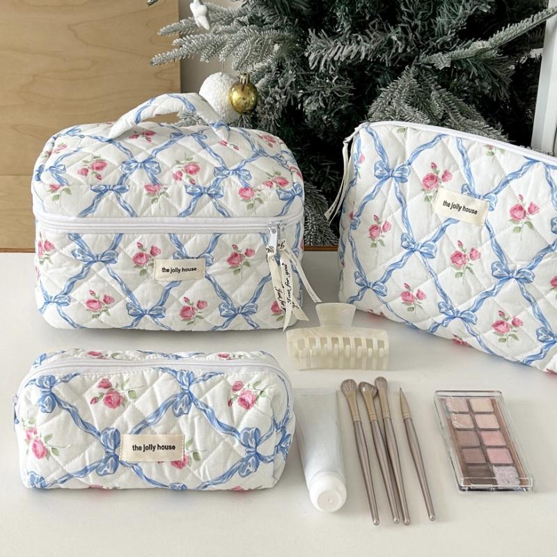 Cute Bow Cotton Cloth Makeup Bag Women Zipper Cosmetic Organizer Female Handbag Box Shape Portable Toiletry Case for Girls
