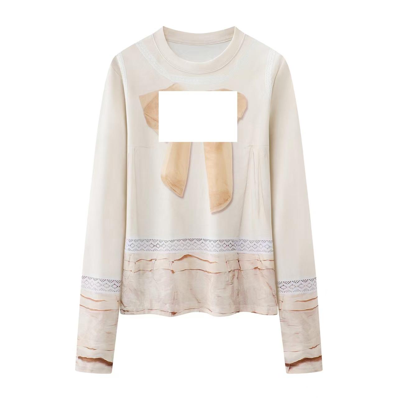 2026 Spring Sweet Style Bow & Letter Print Knit Long Sleeve T-shirt Small бежевый