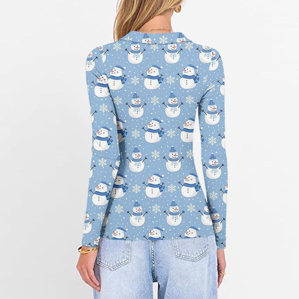 Damenmode Lässig Weihnachts-Print V-Ausschnitt Langarm Knopfleiste Oberteil