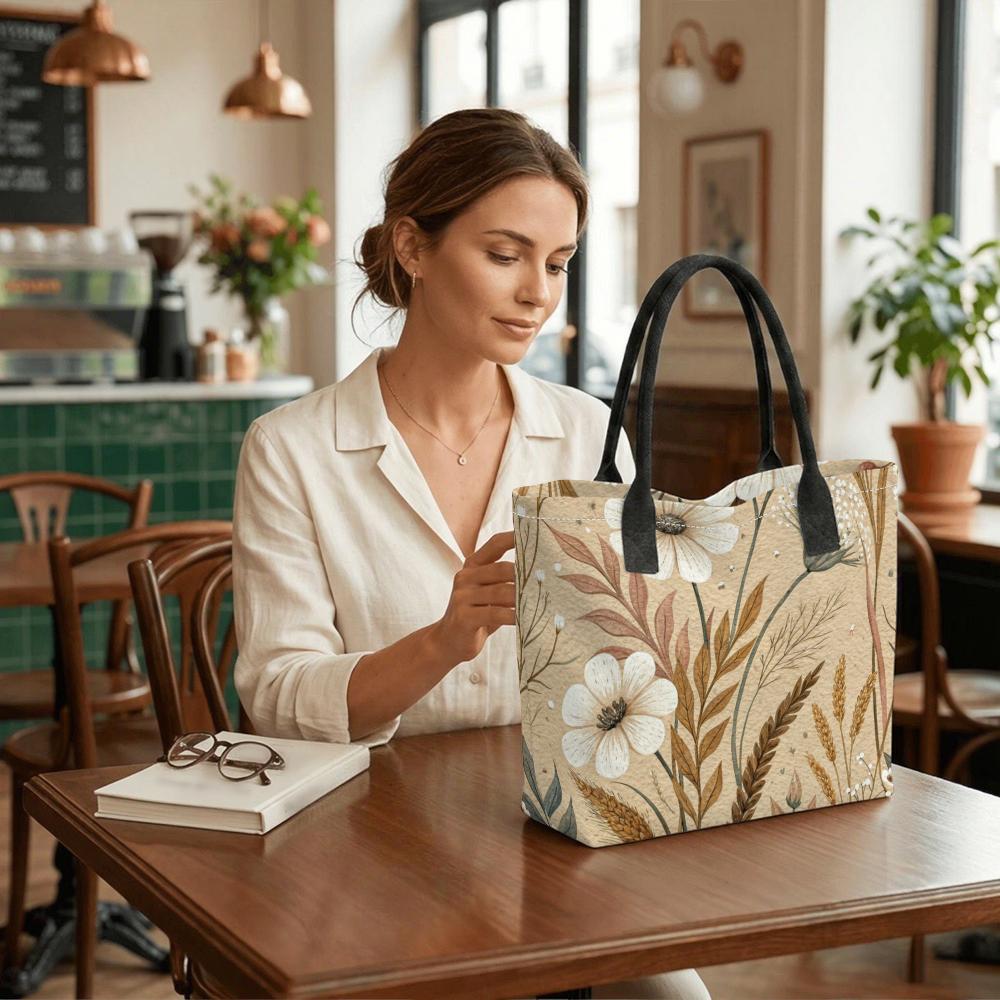  Boho Wildflower Tote Bag Casual Canvas Shoulder Bag for Daily Use