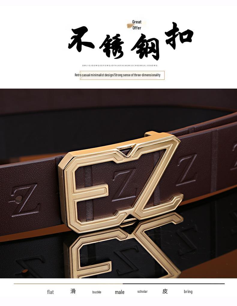 Men's Stainless Steel Z Letter Belt, Genuine Leather, Smooth Buckle, Top Layer Cowhide, Trouser Belt