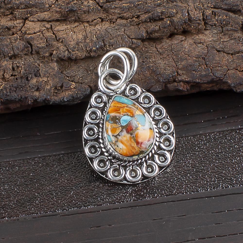 

Украшения из бирюзы и колючей устрицы, Подвеска из стерлингового серебра 925 пробы, Великолепная серебряная подвеска ручной работы в подарок на день рождения 1.2 inches оранжевый