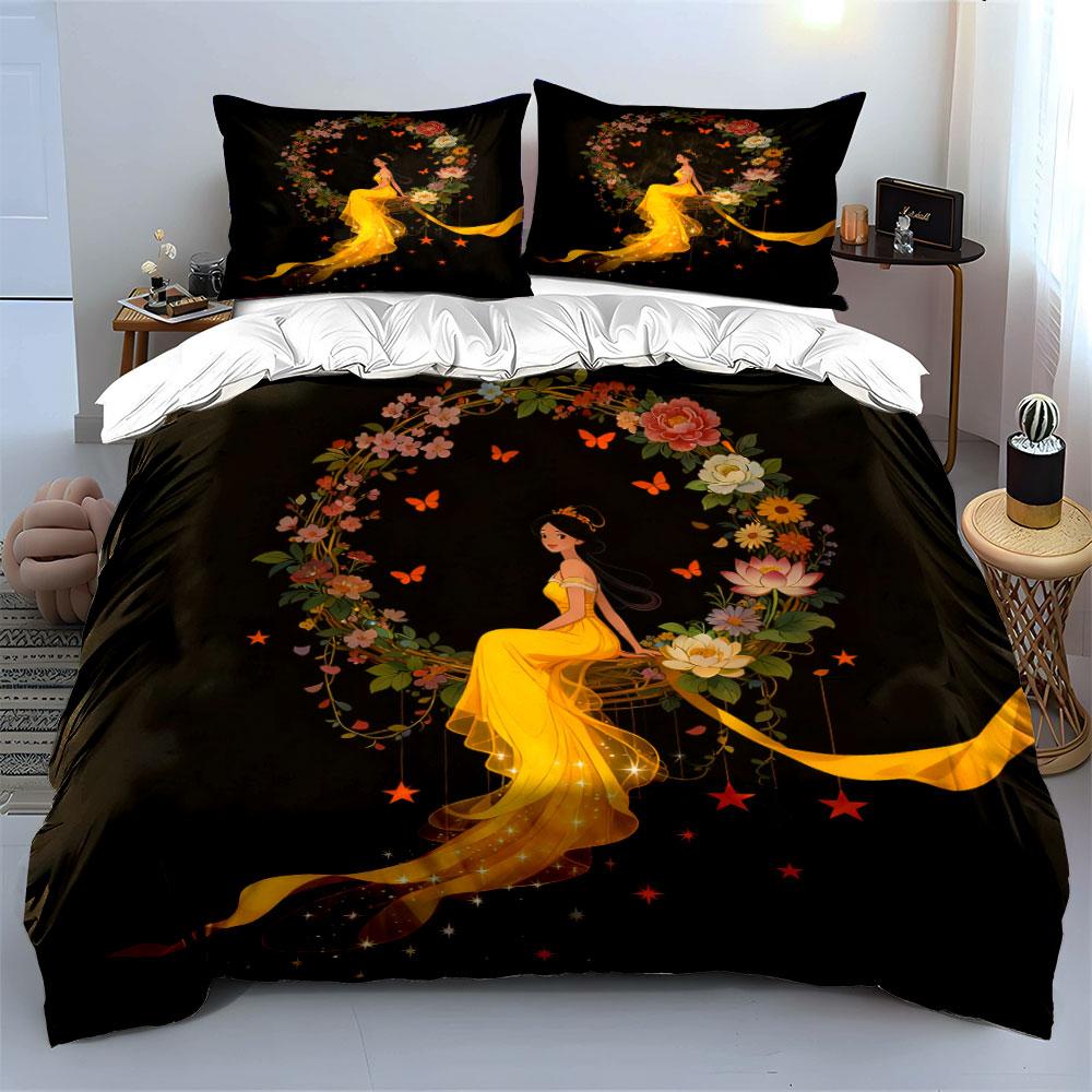 Elegant Floral Yellow Dress Set Soft Comfortable Duvet Cover Bedding Set Included 1*Duvet Cover & 2*Pillowcases, Gift