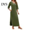 Casual Dress Women Maxi with Side Pockets V Neck 3/4 Sleeves Loose Slit Hem Solid Color Patchwork Pullover Beach