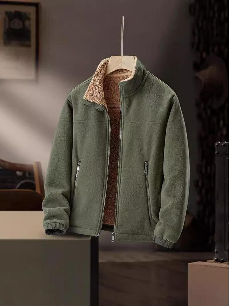 2025 Men's Stand Collar Fleece Jacket for Autumn/Winter - Solid Color, Extra Warmth, Ideal for Middle-aged and Elderly