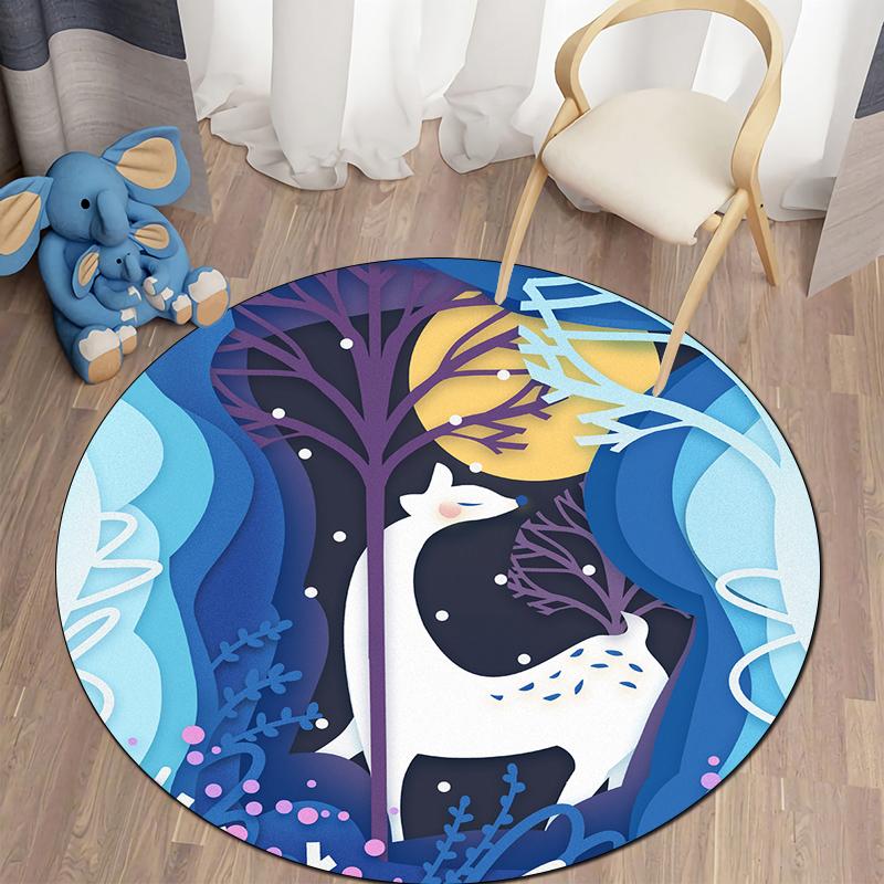 Floor Mat Living Room Rug Children's Crawling Play Area Mat Anime Carpet Door Mat Forest Fawn Round Rug