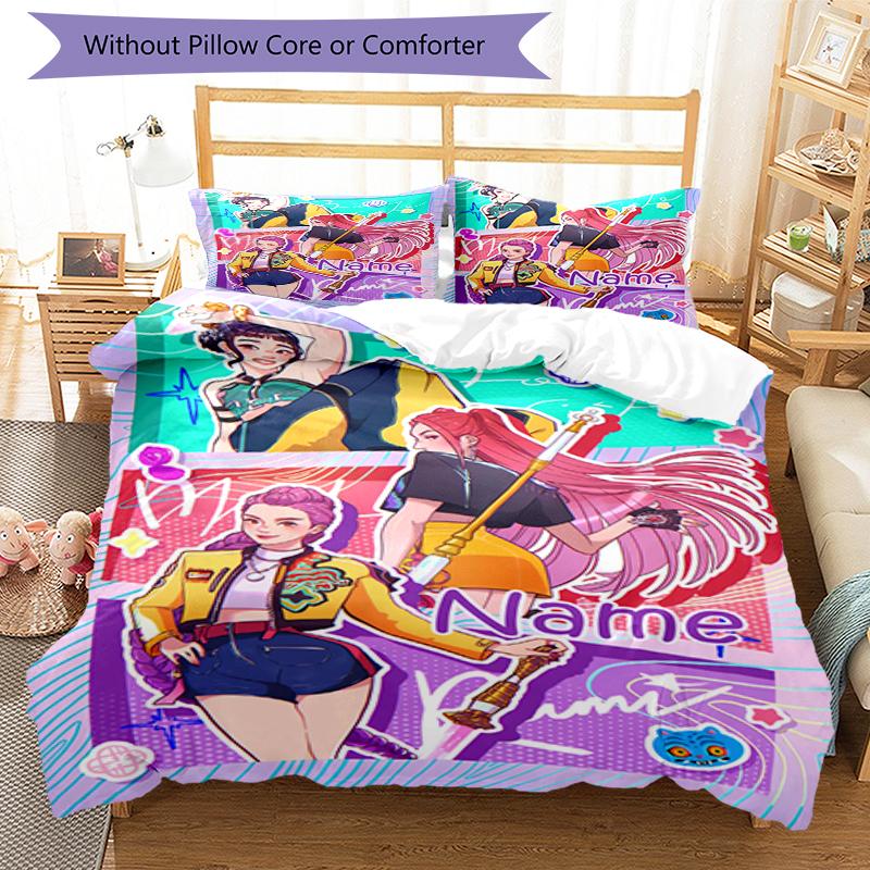 3pcs Custom Name KPop Demon Hunters Bedding Set Duvet Cover Closure Includes 1 Duvet Cover & 2 Pillowcases, Soft and Comfortable for All Seasons.