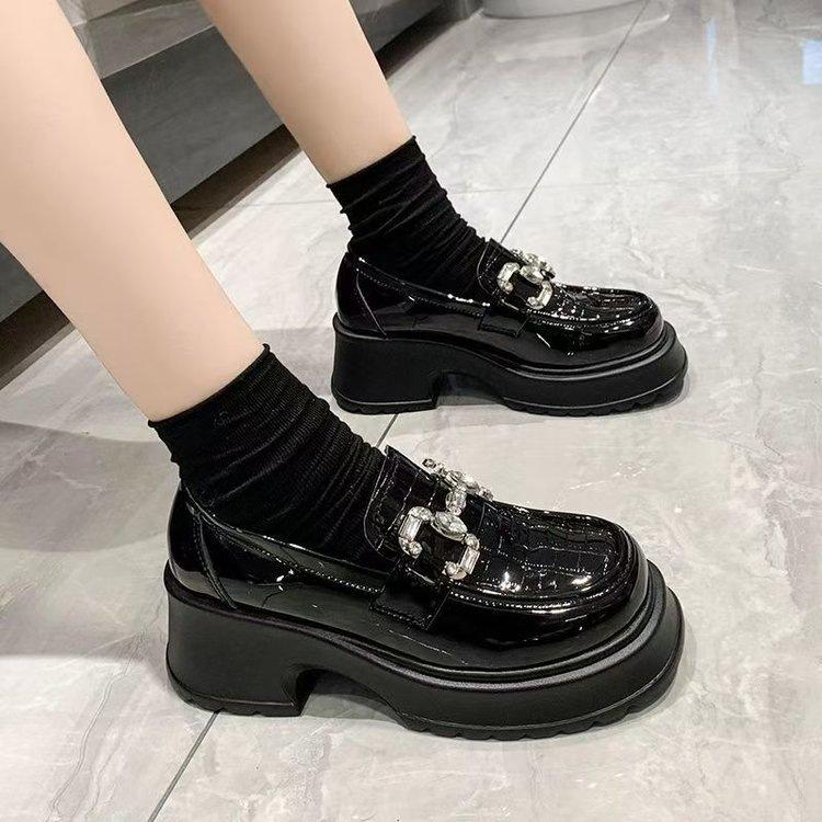 British Wind and Water Diamond Single Shoes New Spring Muffin Small Leather Shoes Thick Soles Increase
