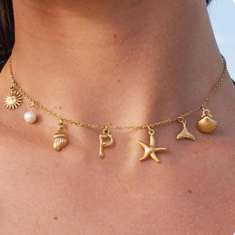 Charm Gold Color A-Z Pendant Alphabet Choker Necklace Women Shell Conch Starfish Initial Letter Necklaces Boho Beach Jewelry