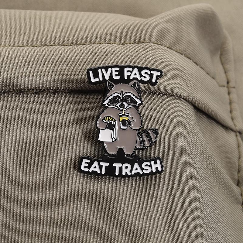 Trash Panda Enamel Pins Cartoon Raccoon Live Fast Eat Trash Brooches Lapel Badges Funny Animal Jewelry Gift for Kids Friends